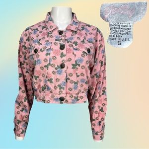 VTG 80's/90's JOLLY U.S.A Pink Floral 100% Cotton Denim Like Crop Jacket Sz Sm